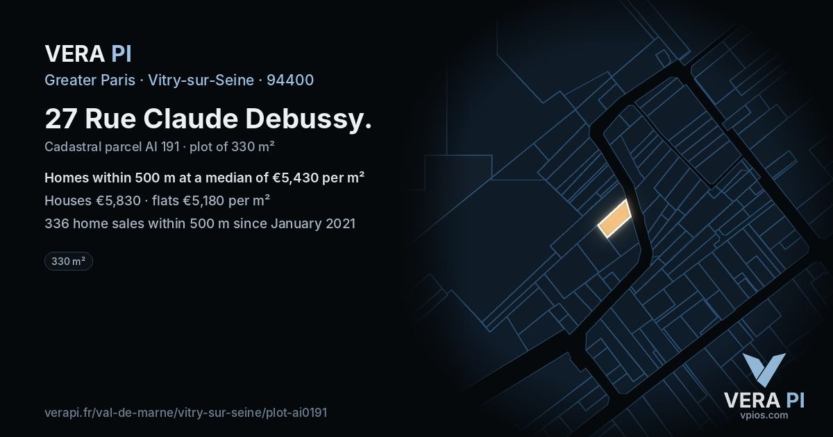 27 Rue Claude Debussy, Vitry-sur-Seine at night – the plot lit, the parcels around coloured by the prices near them