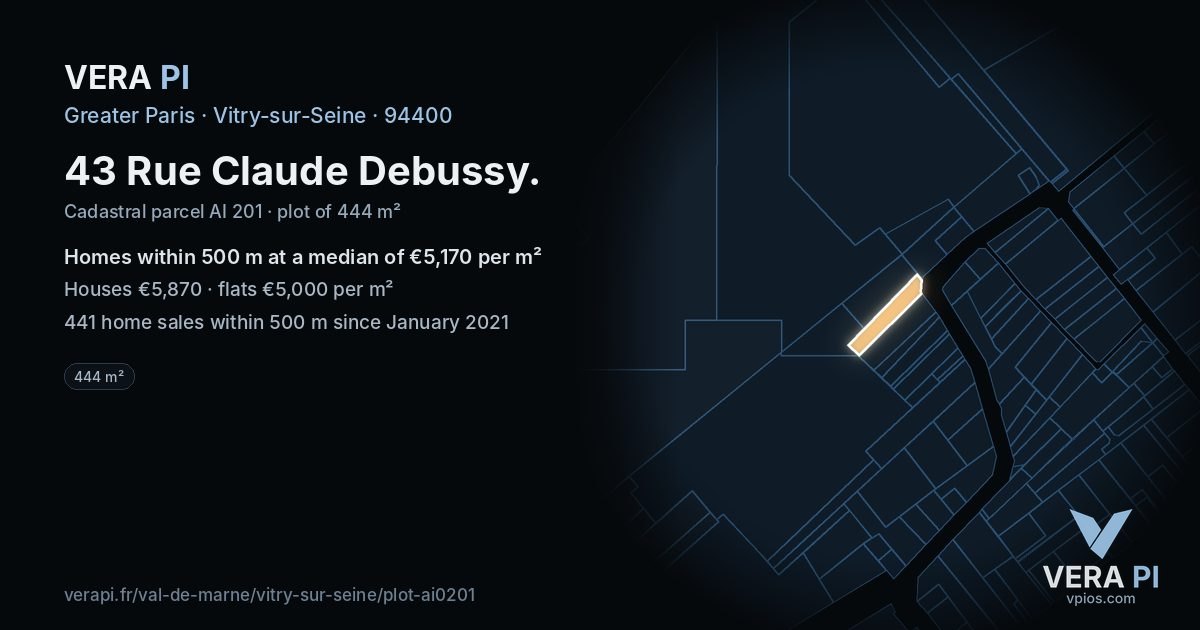 43 Rue Claude Debussy, Vitry-sur-Seine at night – the plot lit, the parcels around coloured by the prices near them