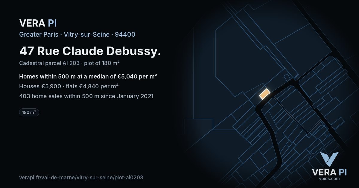 47 Rue Claude Debussy, Vitry-sur-Seine at night – the plot lit, the parcels around coloured by the prices near them