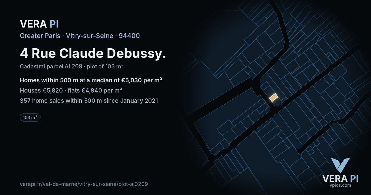 4 Rue Claude Debussy, Vitry-sur-Seine at night – the plot lit, the parcels around coloured by the prices near them