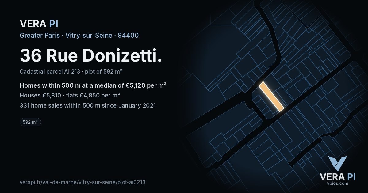 36 Rue Donizetti, Vitry-sur-Seine at night – the plot lit, the parcels around coloured by the prices near them