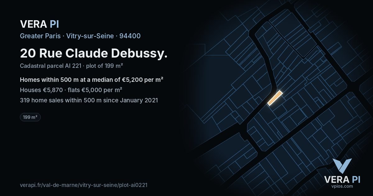 20 Rue Claude Debussy, Vitry-sur-Seine at night – the plot lit, the parcels around coloured by the prices near them