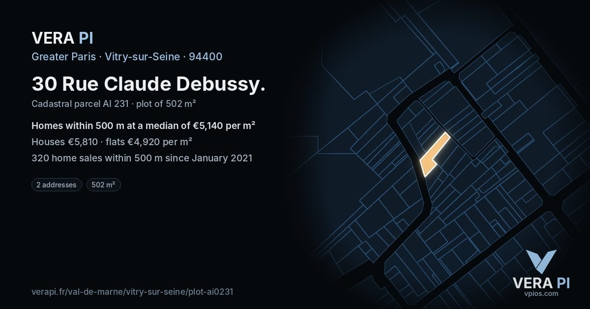 30 Rue Claude Debussy, Vitry-sur-Seine at night – the plot lit, the parcels around coloured by the prices near them