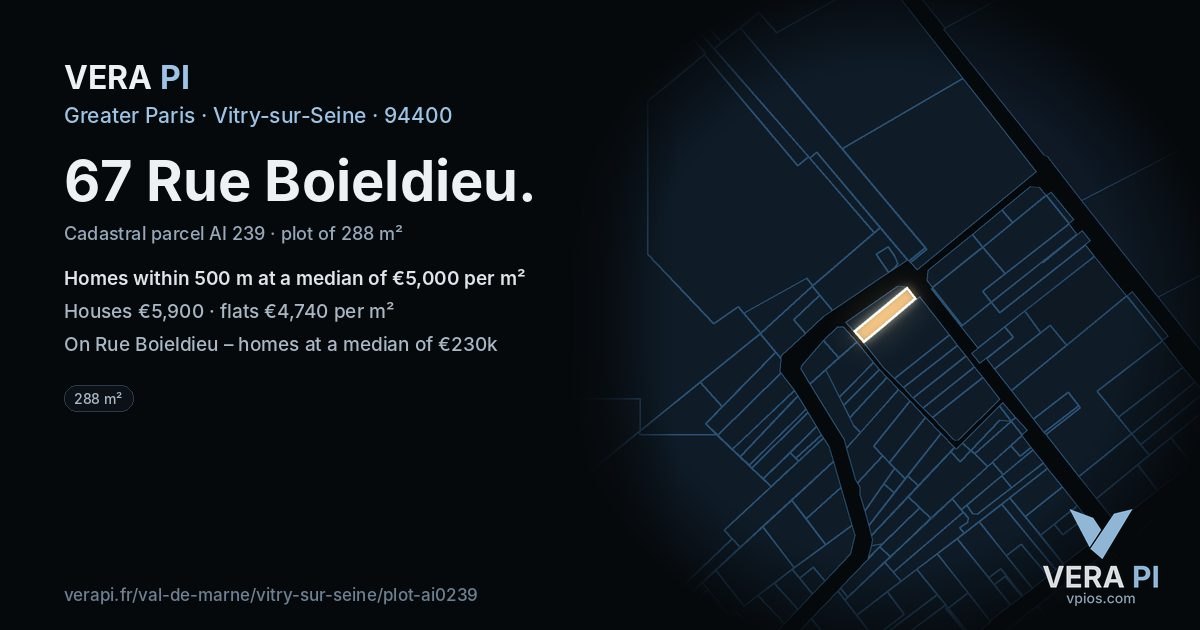 67 Rue Boieldieu, Vitry-sur-Seine at night – the plot lit, the parcels around coloured by the prices near them