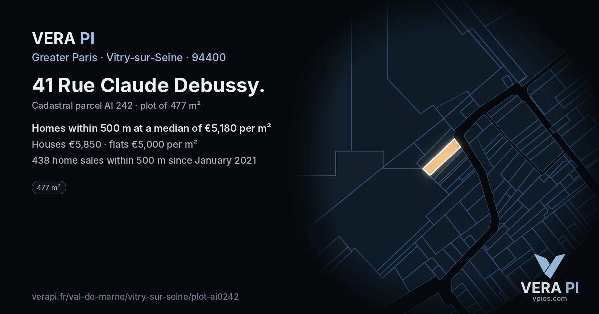 41 Rue Claude Debussy, Vitry-sur-Seine at night – the plot lit, the parcels around coloured by the prices near them