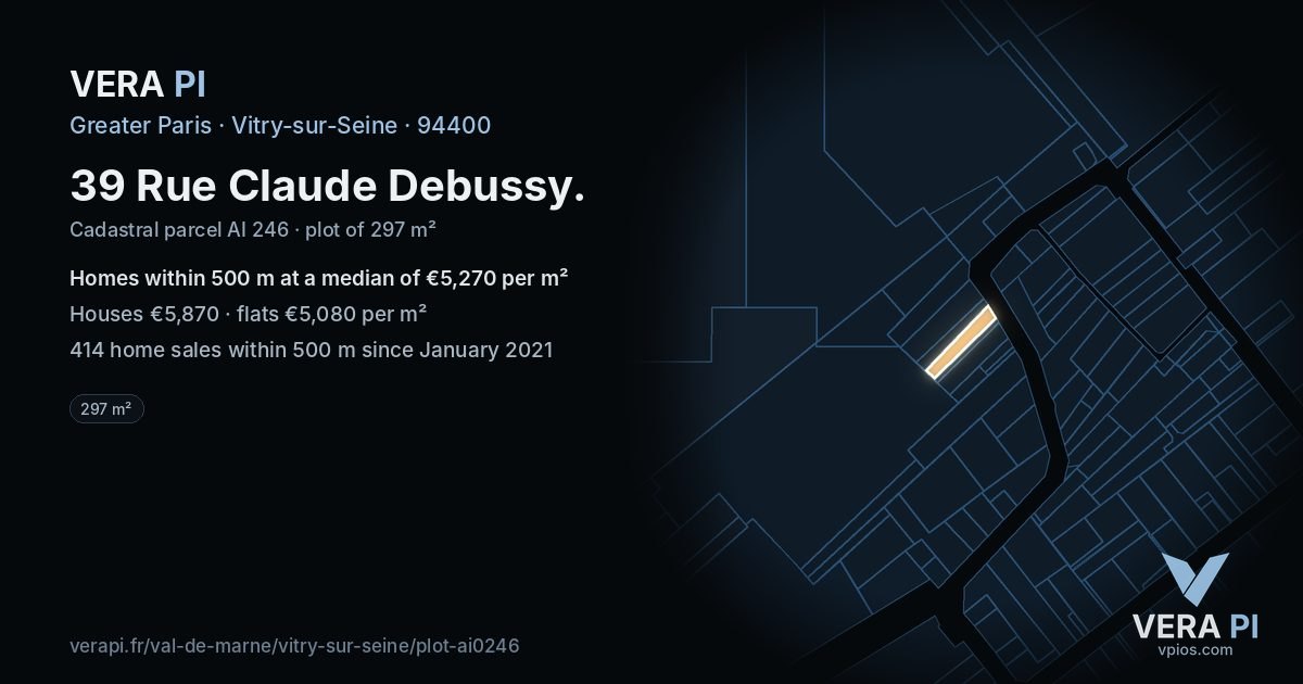 39 Rue Claude Debussy, Vitry-sur-Seine at night – the plot lit, the parcels around coloured by the prices near them