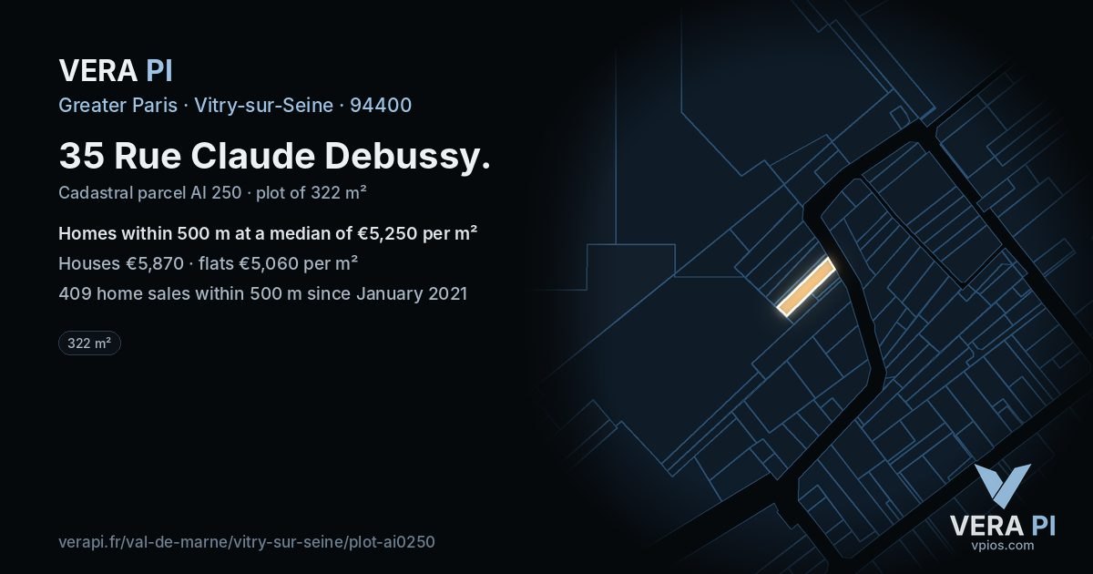 35 Rue Claude Debussy, Vitry-sur-Seine at night – the plot lit, the parcels around coloured by the prices near them