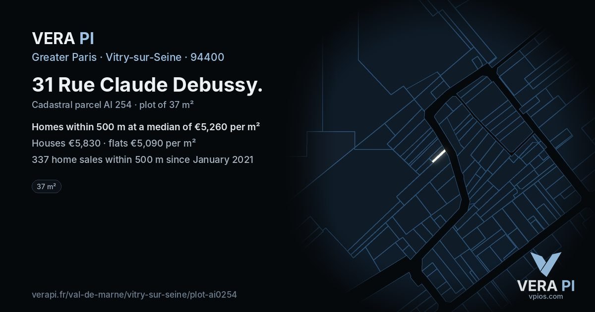 31 Rue Claude Debussy, Vitry-sur-Seine at night – the plot lit, the parcels around coloured by the prices near them