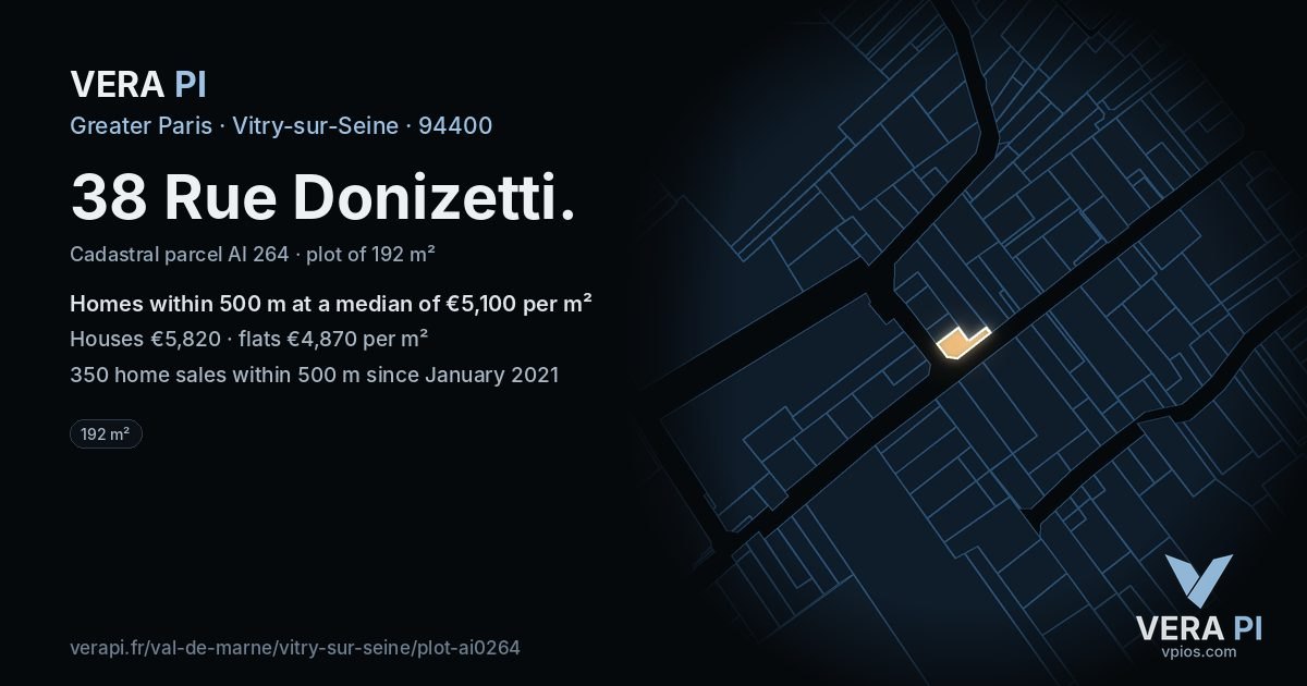 38 Rue Donizetti, Vitry-sur-Seine at night – the plot lit, the parcels around coloured by the prices near them