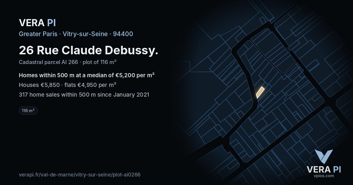 26 Rue Claude Debussy, Vitry-sur-Seine at night – the plot lit, the parcels around coloured by the prices near them