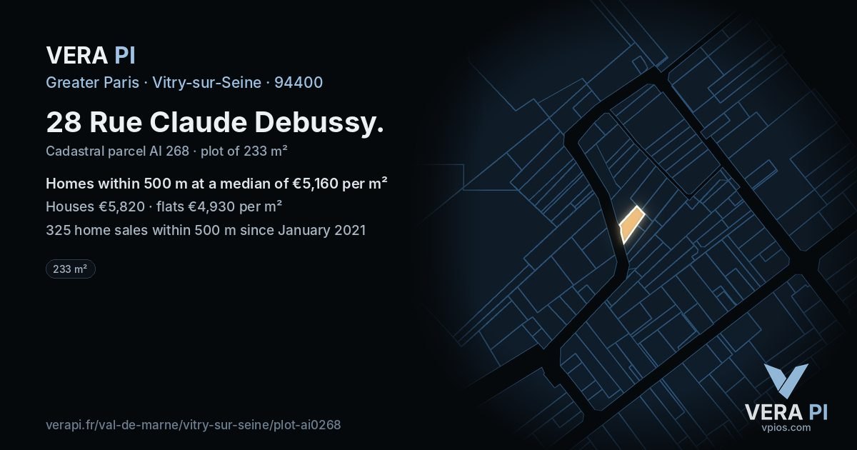 28 Rue Claude Debussy, Vitry-sur-Seine at night – the plot lit, the parcels around coloured by the prices near them