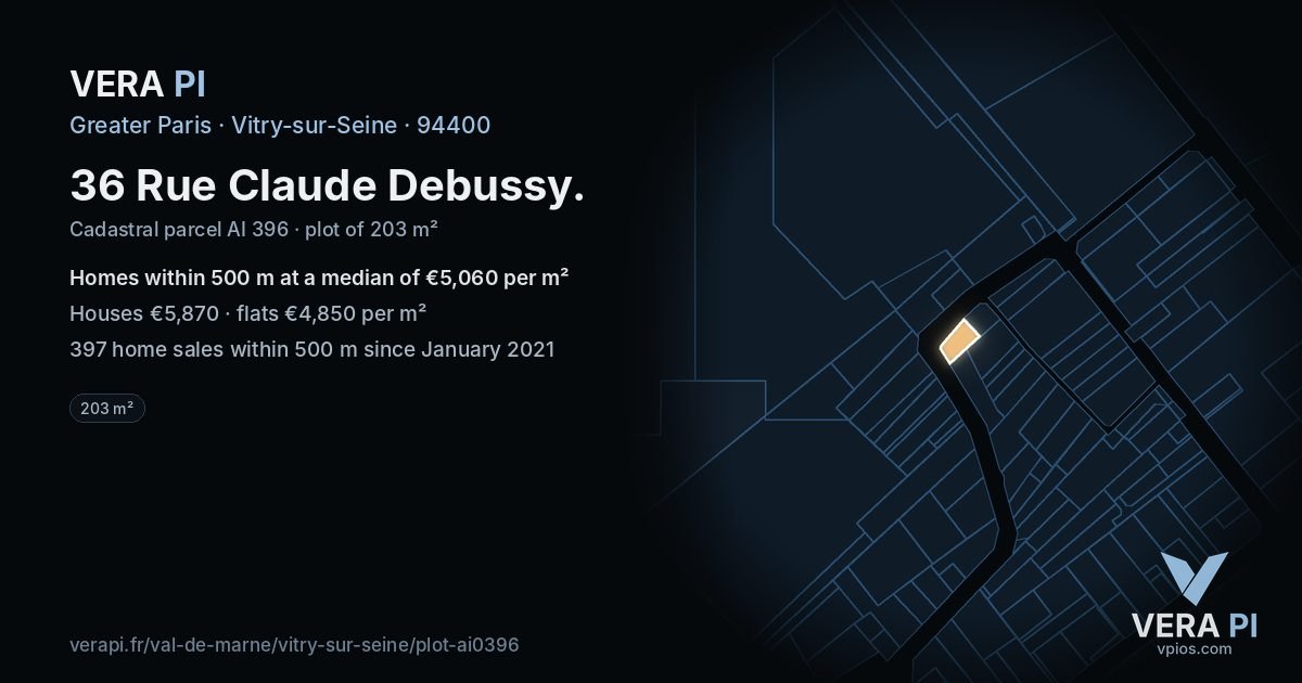 36 Rue Claude Debussy, Vitry-sur-Seine at night – the plot lit, the parcels around coloured by the prices near them
