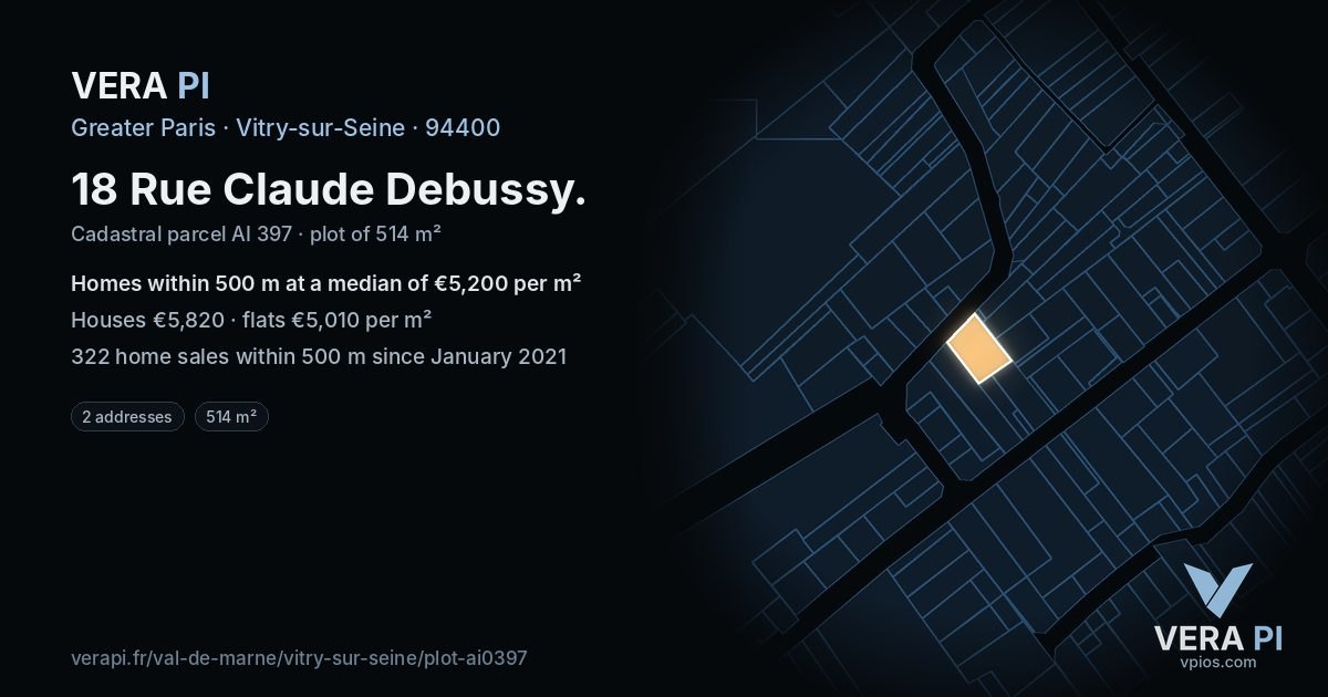 18 Rue Claude Debussy, Vitry-sur-Seine at night – the plot lit, the parcels around coloured by the prices near them