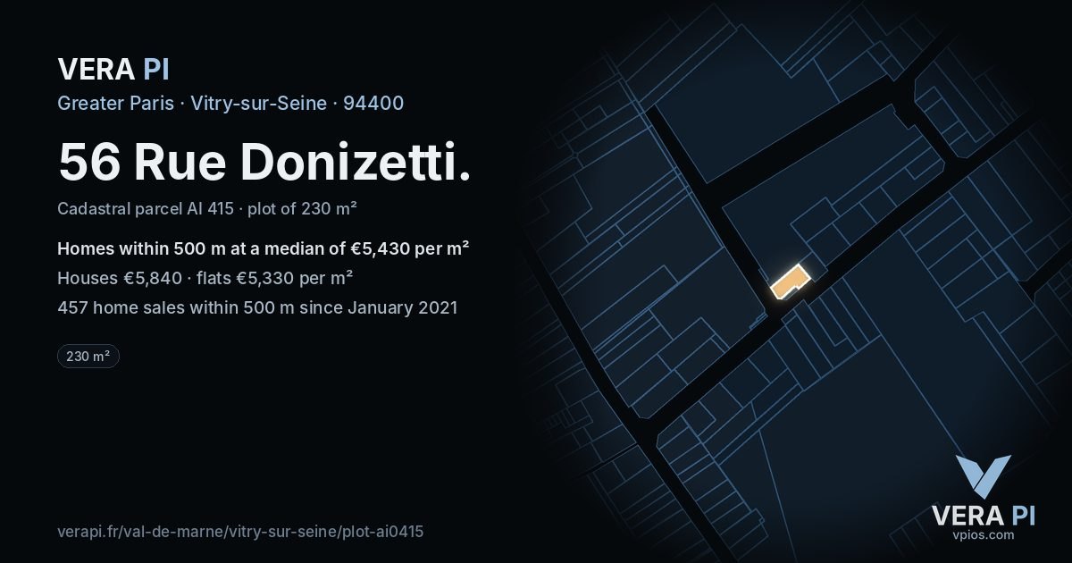 56 Rue Donizetti, Vitry-sur-Seine at night – the plot lit, the parcels around coloured by the prices near them