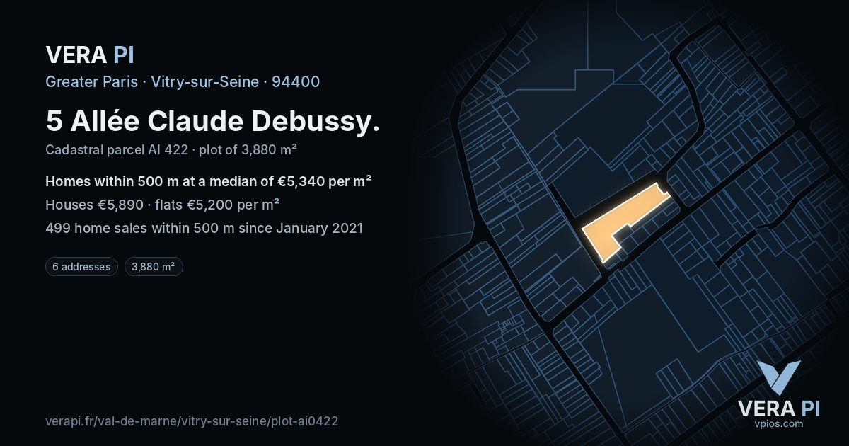 5 Allée Claude Debussy, Vitry-sur-Seine at night – the plot lit, the parcels around coloured by the prices near them