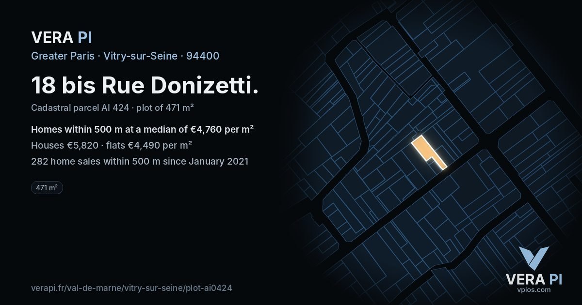 18 bis Rue Donizetti, Vitry-sur-Seine at night – the plot lit, the parcels around coloured by the prices near them