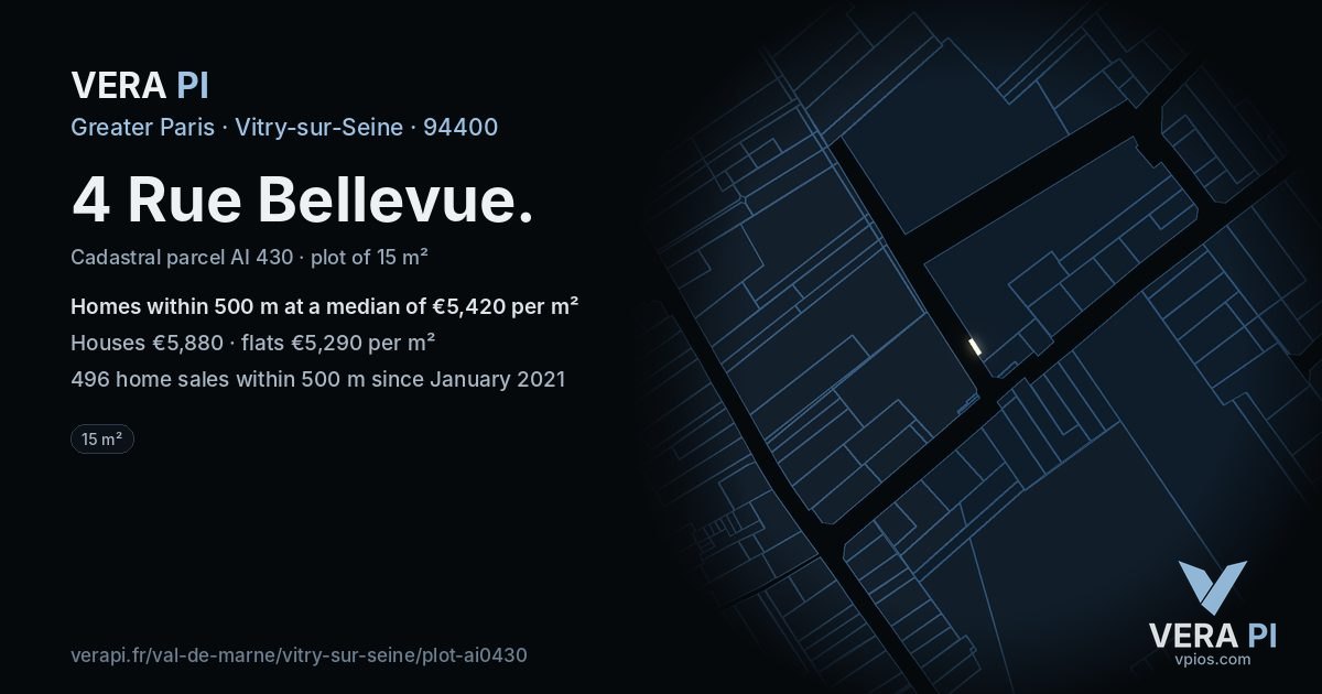 4 Rue Bellevue, Vitry-sur-Seine at night – the plot lit, the parcels around coloured by the prices near them