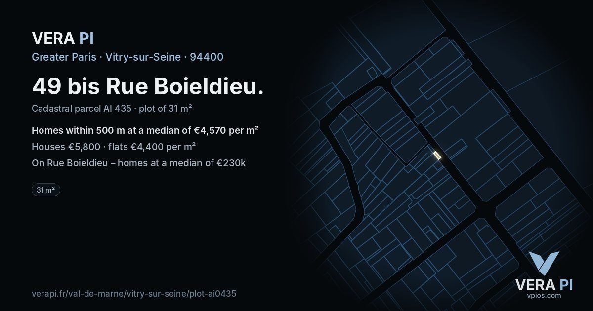 49 bis Rue Boieldieu, Vitry-sur-Seine at night – the plot lit, the parcels around coloured by the prices near them