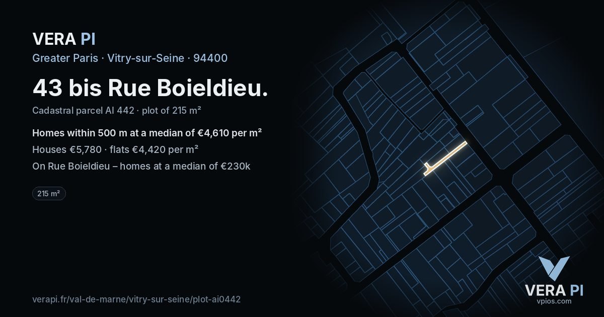43 bis Rue Boieldieu, Vitry-sur-Seine at night – the plot lit, the parcels around coloured by the prices near them