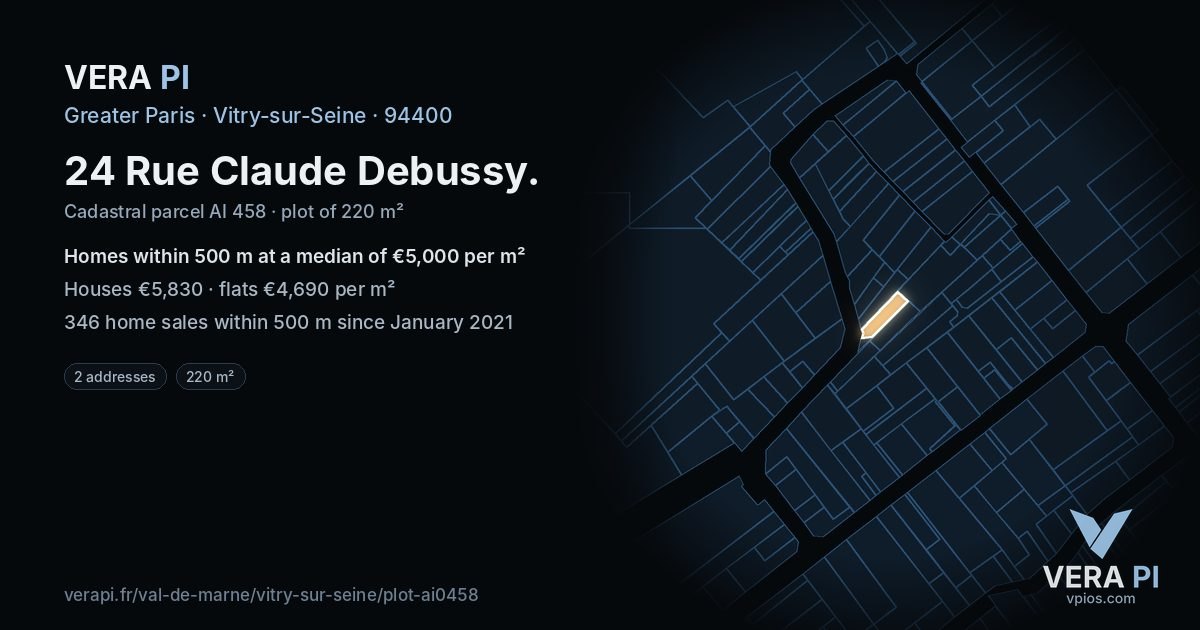 24 Rue Claude Debussy, Vitry-sur-Seine at night – the plot lit, the parcels around coloured by the prices near them