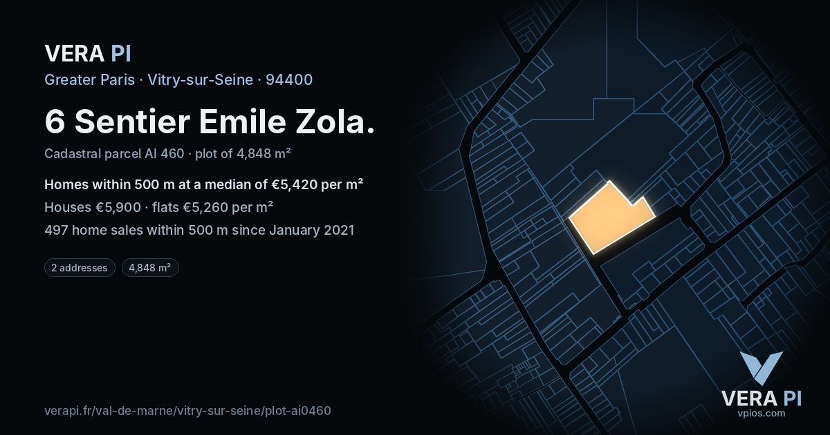 6 Sentier Emile Zola, Vitry-sur-Seine at night – the plot lit, the parcels around coloured by the prices near them