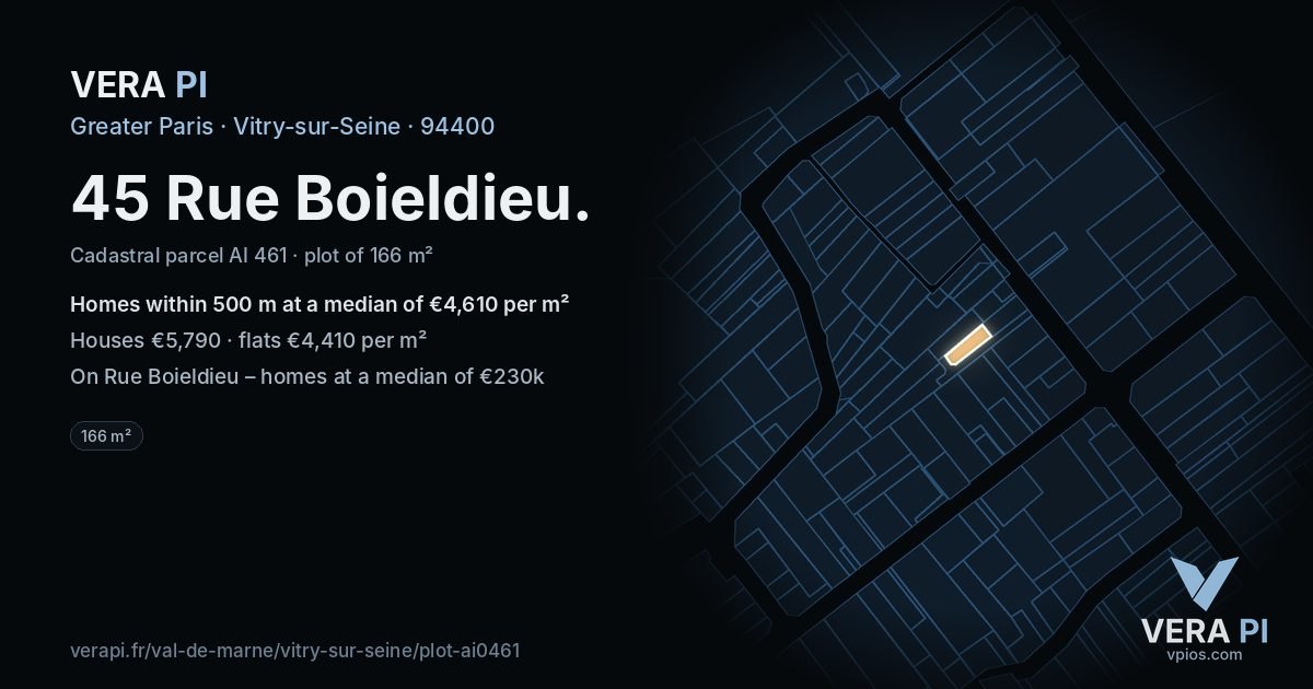45 Rue Boieldieu, Vitry-sur-Seine at night – the plot lit, the parcels around coloured by the prices near them