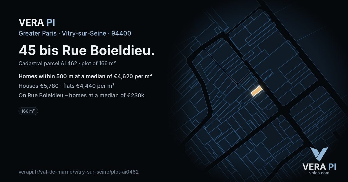 45 bis Rue Boieldieu, Vitry-sur-Seine at night – the plot lit, the parcels around coloured by the prices near them