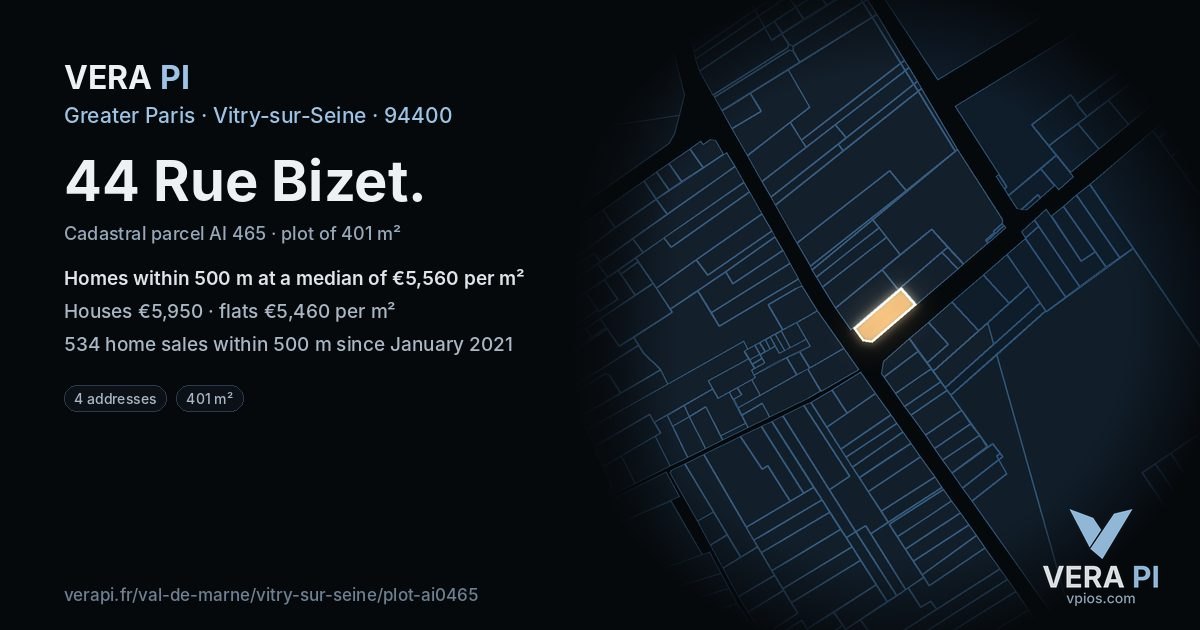 44 Rue Bizet, Vitry-sur-Seine at night – the plot lit, the parcels around coloured by the prices near them