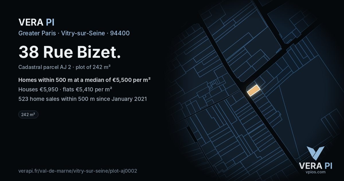 38 Rue Bizet, Vitry-sur-Seine at night – the plot lit, the parcels around coloured by the prices near them