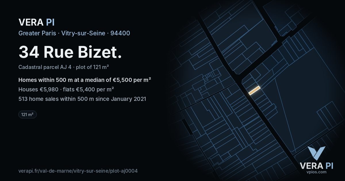 34 Rue Bizet, Vitry-sur-Seine at night – the plot lit, the parcels around coloured by the prices near them
