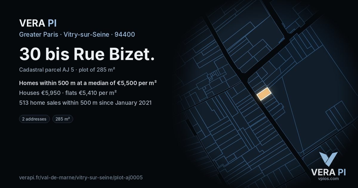 30 bis Rue Bizet, Vitry-sur-Seine at night – the plot lit, the parcels around coloured by the prices near them
