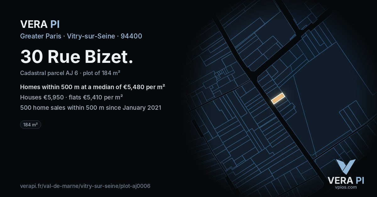 30 Rue Bizet, Vitry-sur-Seine at night – the plot lit, the parcels around coloured by the prices near them