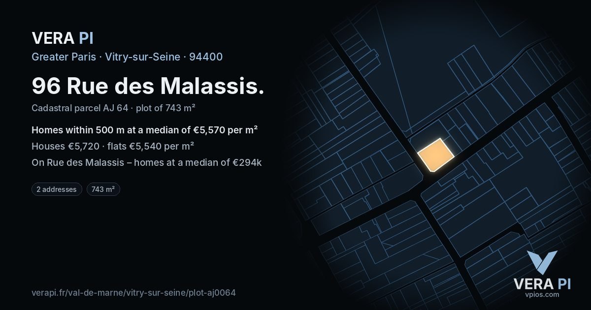 96 Rue des Malassis, Vitry-sur-Seine at night – the plot lit, the parcels around coloured by the prices near them