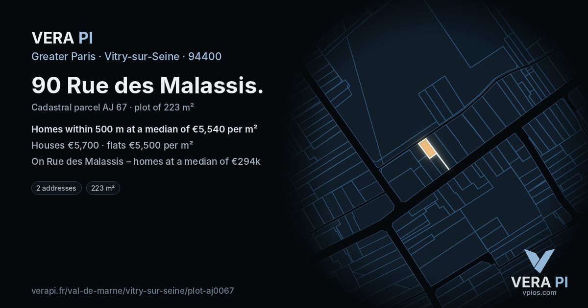 90 Rue des Malassis, Vitry-sur-Seine at night – the plot lit, the parcels around coloured by the prices near them