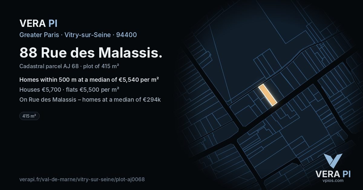88 Rue des Malassis, Vitry-sur-Seine at night – the plot lit, the parcels around coloured by the prices near them
