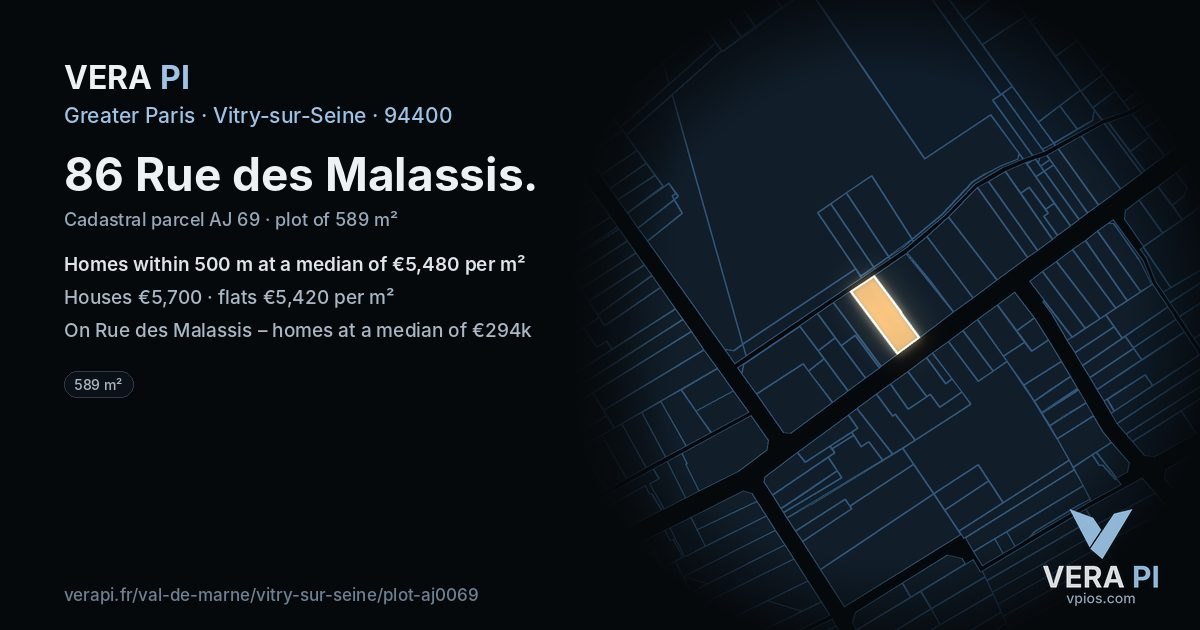 86 Rue des Malassis, Vitry-sur-Seine at night – the plot lit, the parcels around coloured by the prices near them