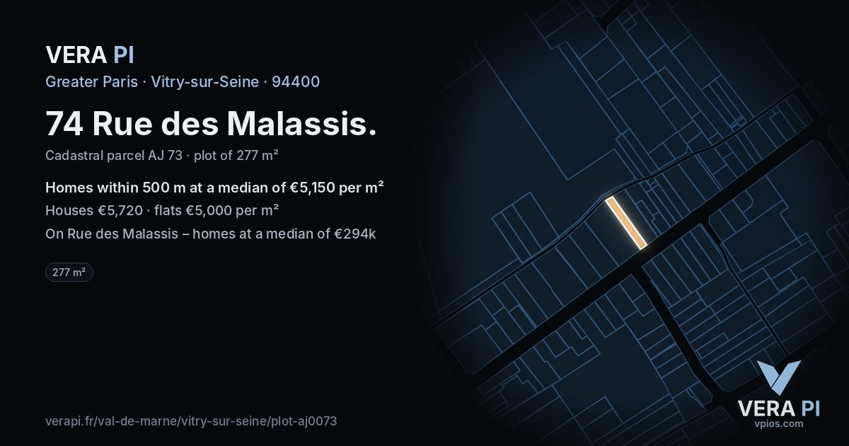 74 Rue des Malassis, Vitry-sur-Seine at night – the plot lit, the parcels around coloured by the prices near them