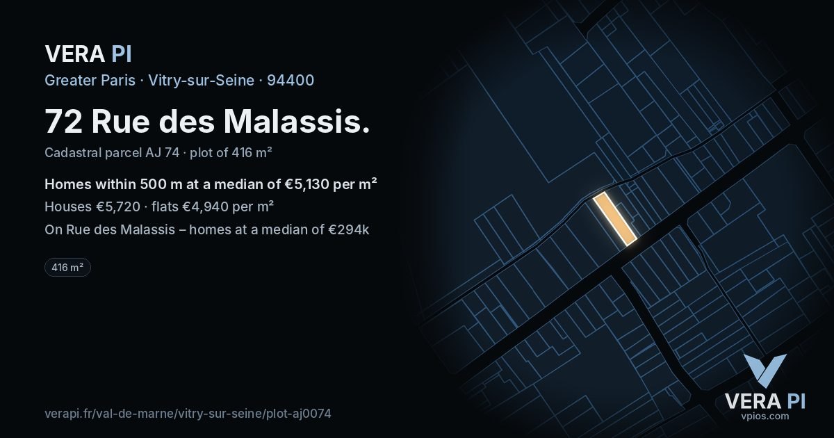 72 Rue des Malassis, Vitry-sur-Seine at night – the plot lit, the parcels around coloured by the prices near them