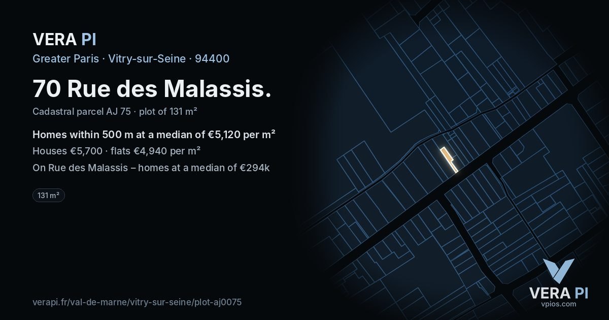 70 Rue des Malassis, Vitry-sur-Seine at night – the plot lit, the parcels around coloured by the prices near them