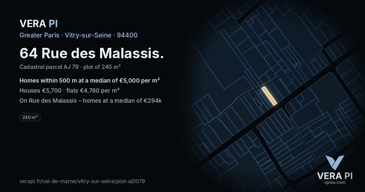 64 Rue des Malassis, Vitry-sur-Seine at night – the plot lit, the parcels around coloured by the prices near them