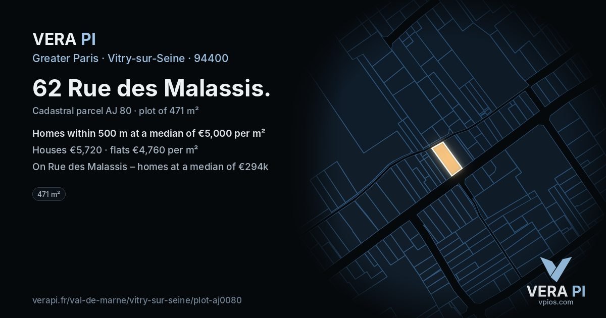 62 Rue des Malassis, Vitry-sur-Seine at night – the plot lit, the parcels around coloured by the prices near them