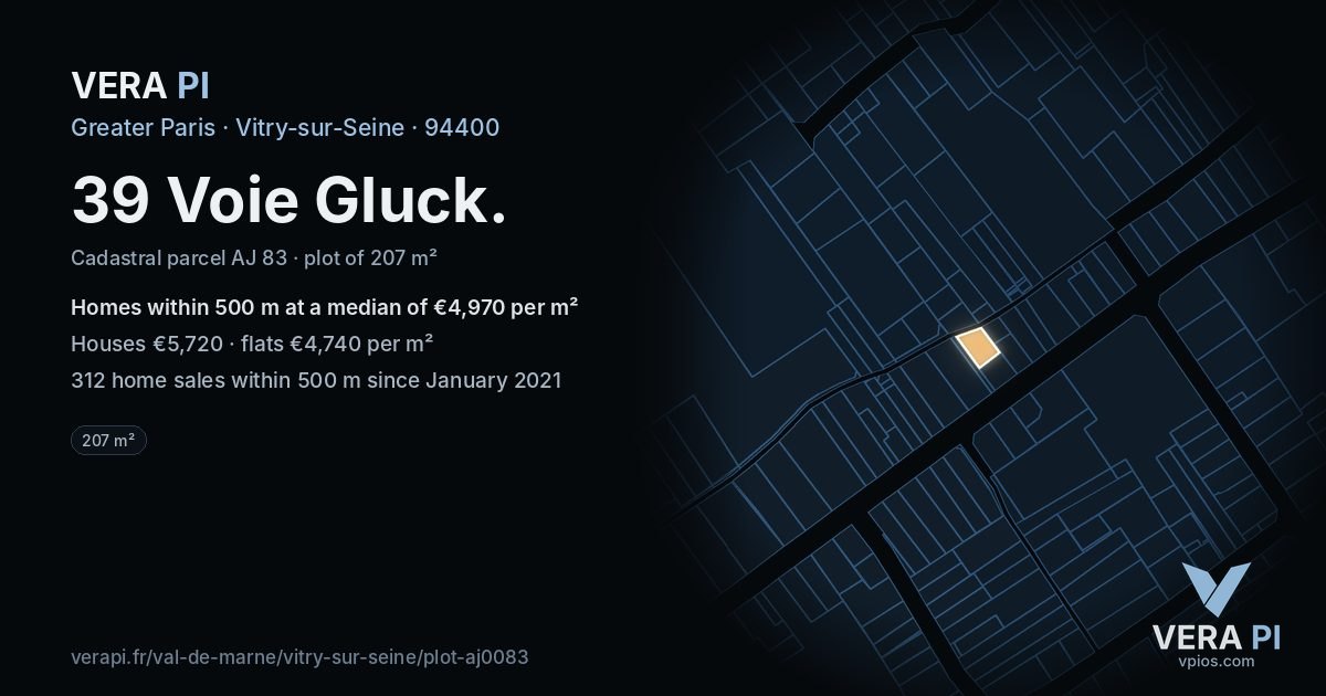 39 Voie Gluck, Vitry-sur-Seine at night – the plot lit, the parcels around coloured by the prices near them