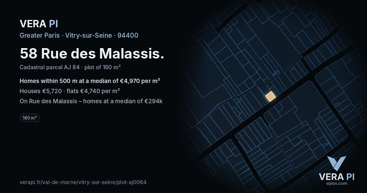 58 Rue des Malassis, Vitry-sur-Seine at night – the plot lit, the parcels around coloured by the prices near them