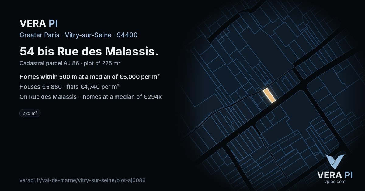 54 bis Rue des Malassis, Vitry-sur-Seine at night – the plot lit, the parcels around coloured by the prices near them