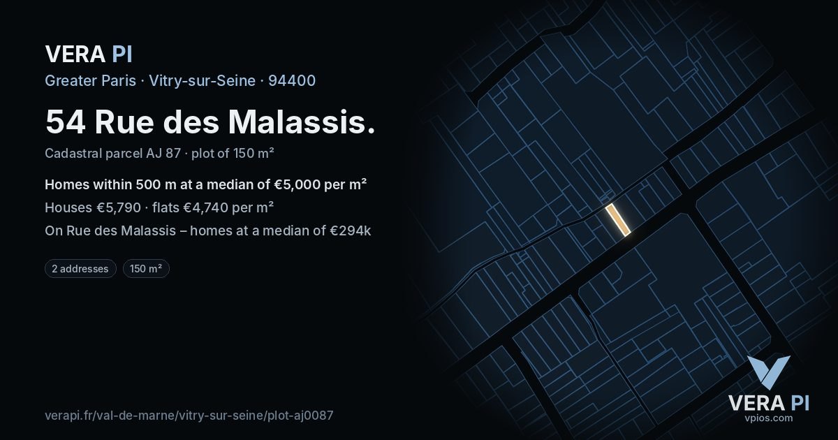 54 Rue des Malassis, Vitry-sur-Seine at night – the plot lit, the parcels around coloured by the prices near them