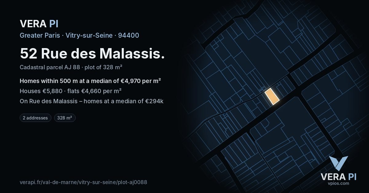 52 Rue des Malassis, Vitry-sur-Seine at night – the plot lit, the parcels around coloured by the prices near them