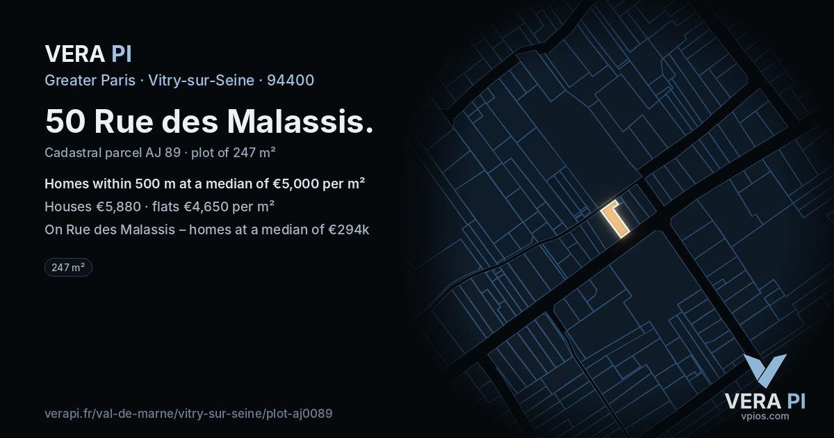 50 Rue des Malassis, Vitry-sur-Seine at night – the plot lit, the parcels around coloured by the prices near them