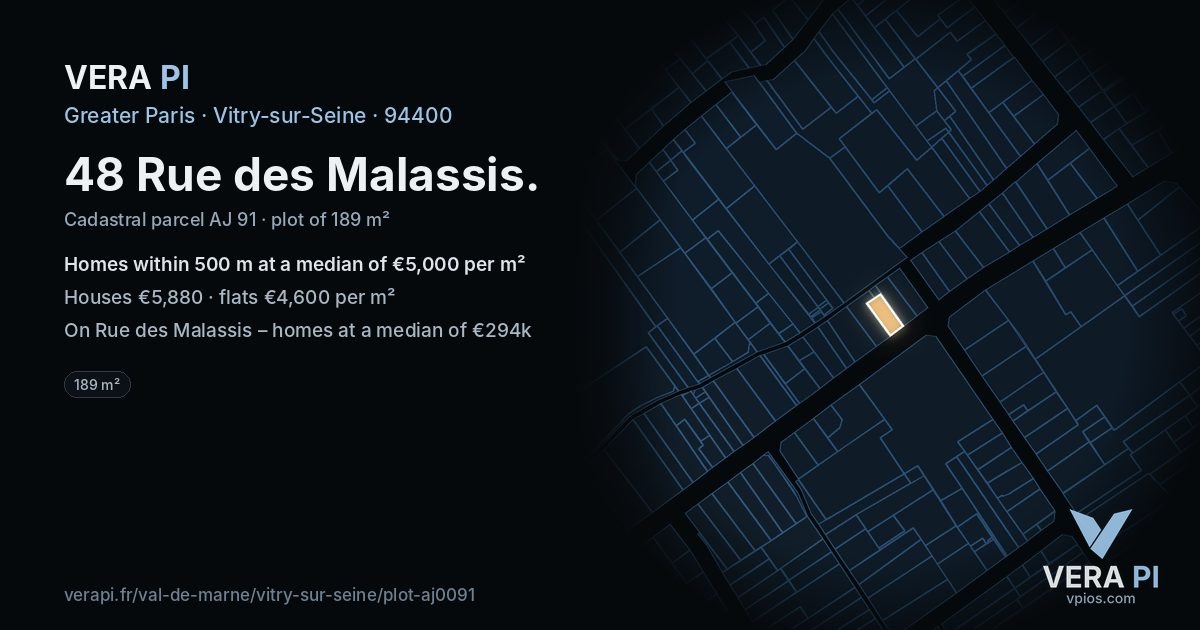 48 Rue des Malassis, Vitry-sur-Seine at night – the plot lit, the parcels around coloured by the prices near them
