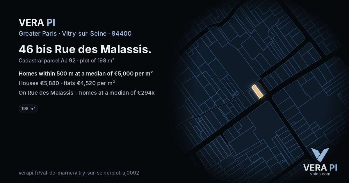 46 bis Rue des Malassis, Vitry-sur-Seine at night – the plot lit, the parcels around coloured by the prices near them
