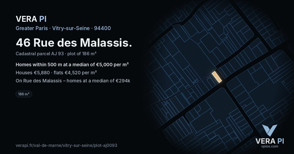 46 Rue des Malassis, Vitry-sur-Seine at night – the plot lit, the parcels around coloured by the prices near them
